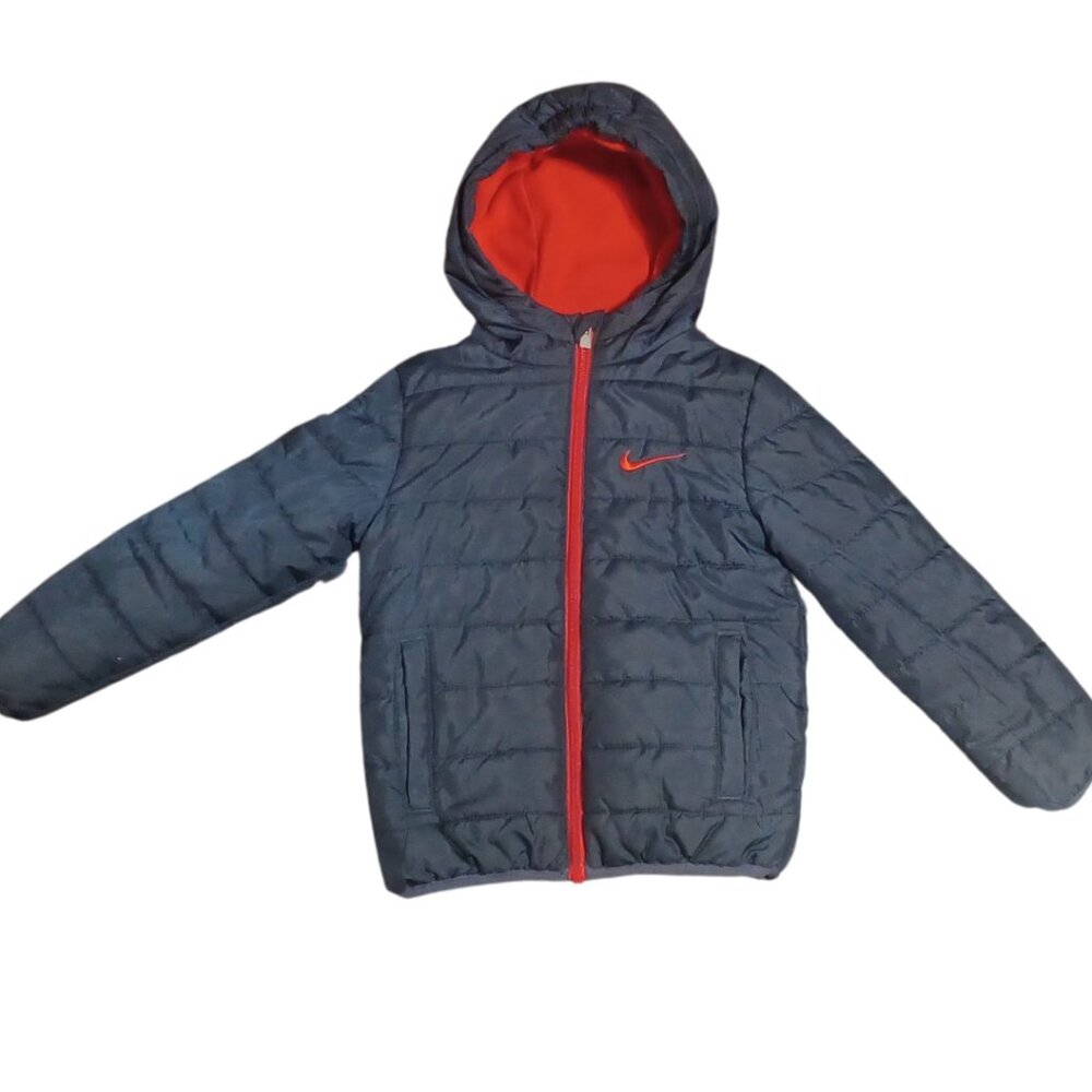 NIKE Kids Obsidian Navy & Red Fleece Lined Hooded Puffer Jacket 4T (3-4yrs)